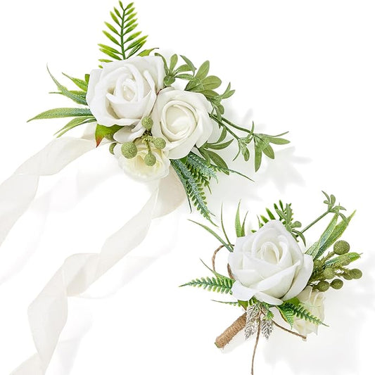 Alecono White Corsage and Boutonniere Set, Rose Bride Wrist Corsage and Groom Boutonniere for Wedding Prom Flower Accessories Suit Decorations
