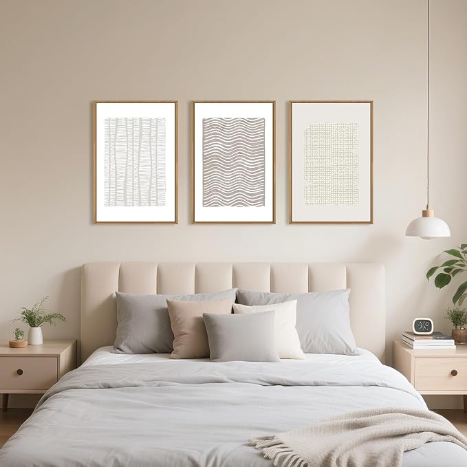 Large Abstract White and Beige Framed Canvas Wall Art,Geometric Dot and Line Wall Decor,Modern Wave Lines Artwork,Neutral Minimalist Shapes Art Print for Living Room,Bedroom,Office- 24"x36"x3