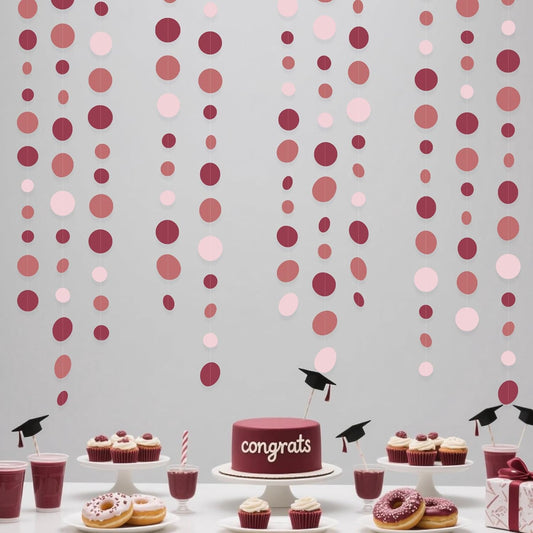 Burgundy Dusty Pink Decorations Circle Dot Garland Maroon Pink Hanging Polka Dot Streamer Banner for Wedding Birthday Bridal Shower Engagement Baby Shower Graduation Anniversary Garnet Party Supplies