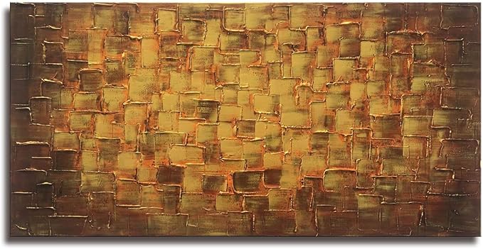 MyArton Large Abstract Golden Yellow Square Wall Art Hand Painted Textured Oil Painting on Canvas Ready to Hang 60x30inch