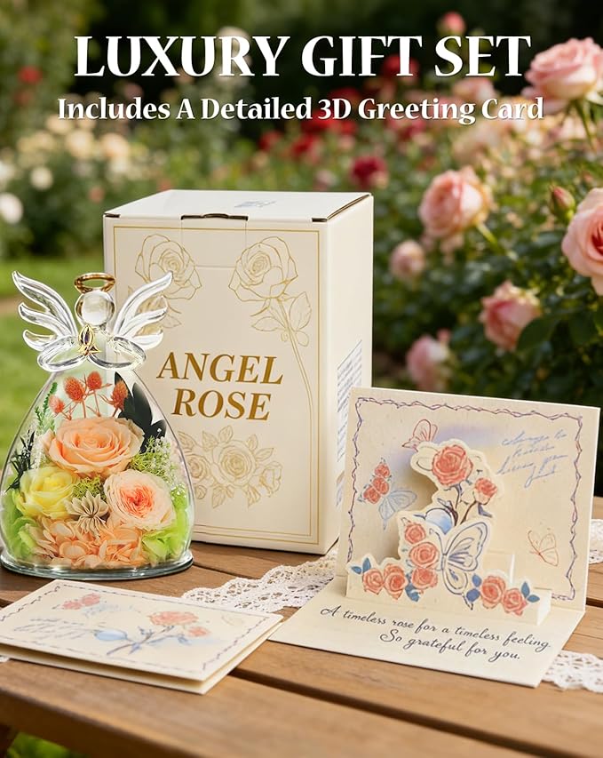 homeasy Birthday Gifts for Women Mom, Preserved Flowers Rose in Glass Angel Figurines, Forever Fresh Flowers for Delivery Gift Box with 3D Card for Grandma Wife Her