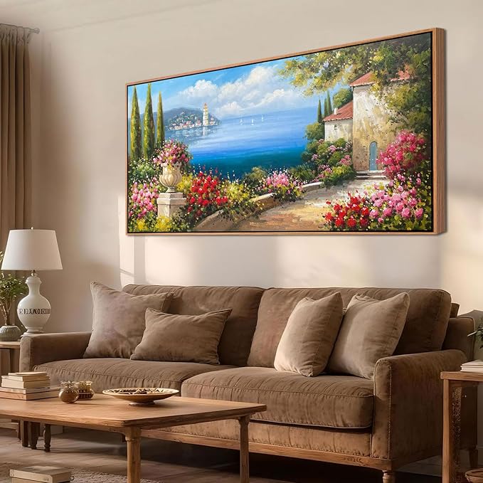 Arjun Extra Large Wood Framed Landscape Wall Art Canvas Living Room, Hand Painted Seascape Painting Bedroom Flower Blue Ocean Picture Artwork Home Office Wall Decor 58"x29"