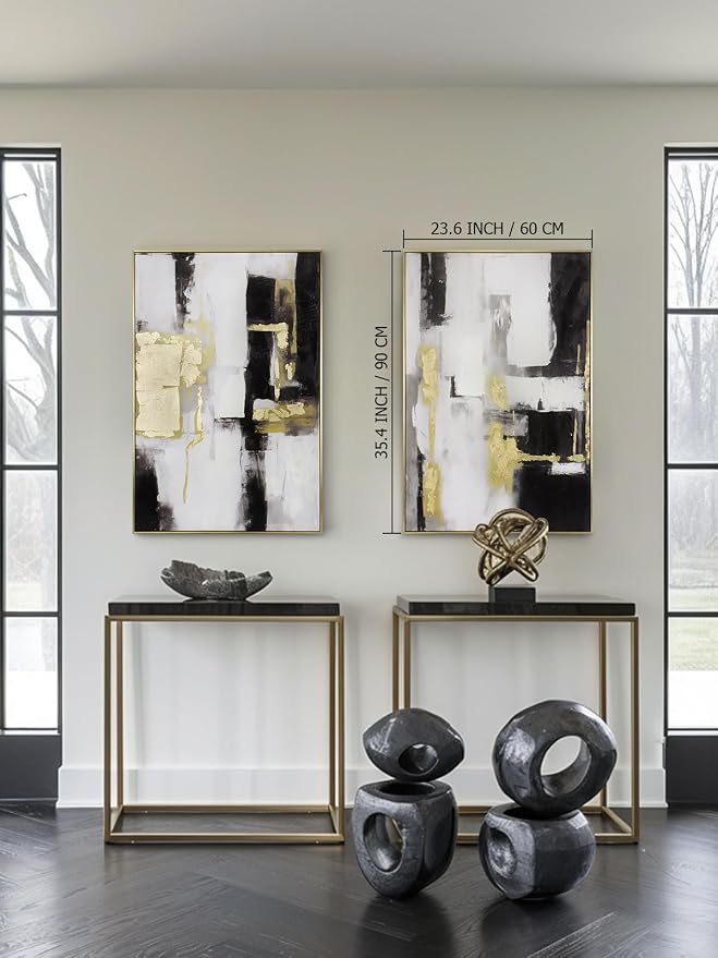 Modern Abstract Wall Art Decor- Black and Gold, 24x36 inch x 2, Framed - Ideal for Large Living Room or Bedroom
