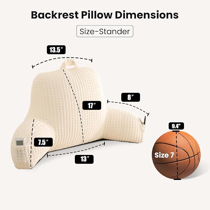 Reading Pillow with Arms for Sitting in Bed,Backrest,White Flannel,M | 17" Backrest Supports Back for College Students,Elbows & Forearms for Dorm Reading,Gaming,Watching TV
