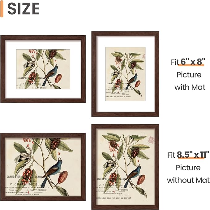 upsimples 8.5x11 Picture Frame, Display Pictures 6x8 with Mat or 8.5x11 Without Mat, Wall Hanging Photo Frame, Brown, 1 Pack