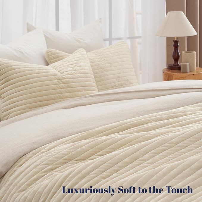 PHF Luxury Velvet Quilt Set Twin Size – 2PCS Ultra Soft Quilted Comforter Alternative with Striped Channel, Cozy Quilted Bedspread, 1 Coverlet with 1 Matching Sham, 68" x 92", Sand