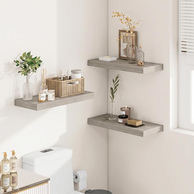 Vivelove 12" Deep Floating Shelves for Wall 16" Long, Wall Shelves for Bedroom Living Room Bathroom Kitchen Laundry Room, Farmhouse Rustic Shelves for Home Decor, 16" X 12" X 2" Set of 2, Grey