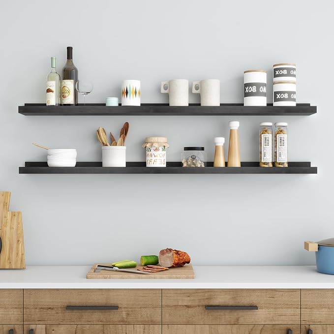 FLYJOE Picture Ledge Shelf, Floating Shelves Set of 2, Solid Ash Wood 48'' Long Large Nursery Book Shelves for Toys Storage, Kids Bookshelf for Living Room Bedroom Decor Books Photo Frames, Black