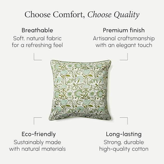 CPC 100% Cotton Throw Pillow Covers 16X16 Green Block Print Pattern Couch Pillow, Cute Boho Decorative Pillows for Living Room, Bedroom with Hidden Zipper- Agate Green