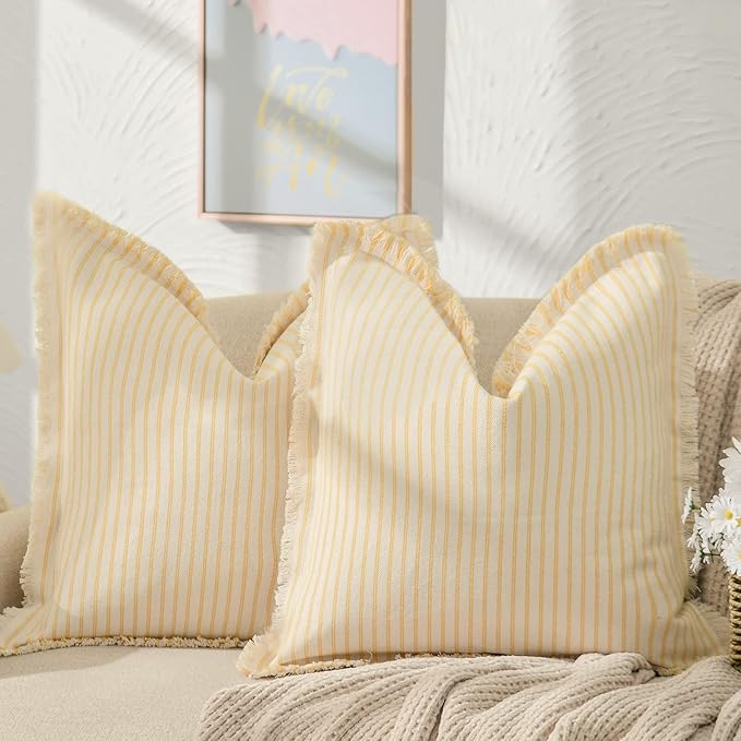 ZWJD Throw Pillow Covers 22x22 Set of 2 Striped Pillow Covers with Fringe Chic Cotton Decorative Pillows Square Cushion Covers for Sofa Couch Bed Living Room Farmhouse Decor, (Yellow)