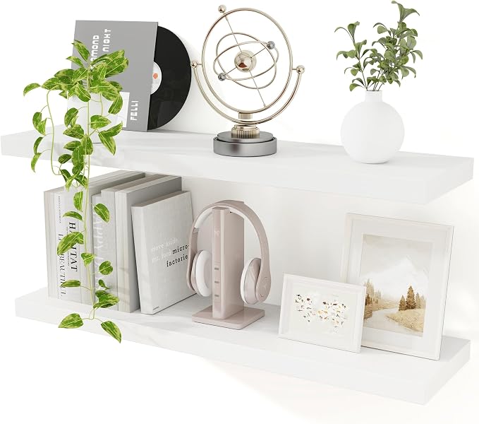 Floating Shelves for Wall, 36 inch White Wall Shelves, 9.3in Deep Bathroom Floating Shelves, Wooden Floating Shelf for Bedroom, Living Room, Kitchen, 36" W x 9.3" D x 1.5" H, 2 Packs