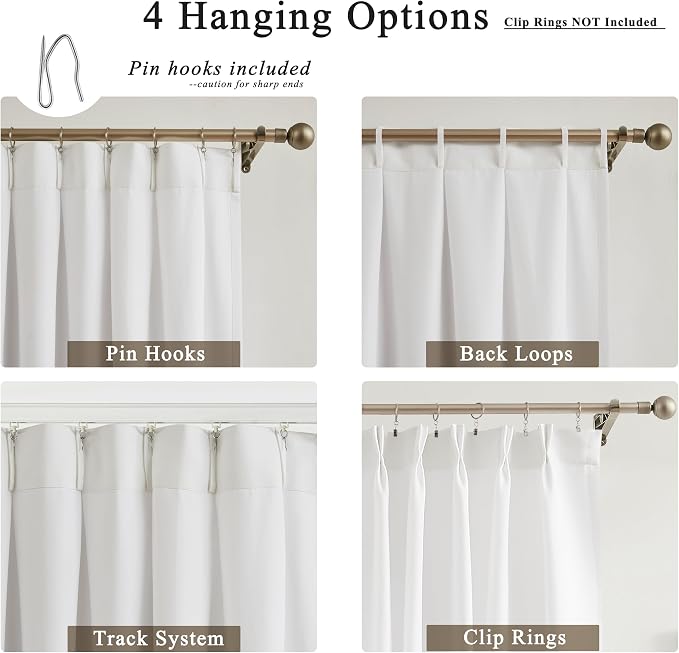 Central Park White Pinch Pleat Light Filtering Curtain 108 Inches Long Linen Blended Window Treatment Privacy Drape with Microfiber Liner for Living Room Bedroom with Back Tabs Hooks, 40" Wx108 Lx2