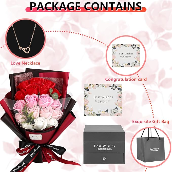 Rose Bouquet Rosas Eternas Preserved Rose Bouquet 18 Flower Bouquet with Beautiful Love Necklace, Unique Gift for Birthday, Valentine's Day, Mother's Day, Thanksgiving, Christmas, Anniversary