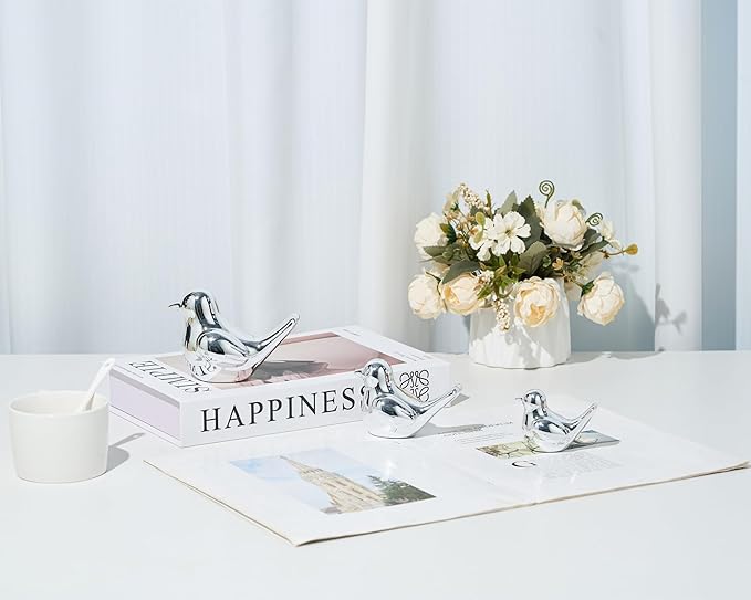 Small Silver Bird Statue Ceramic 2-Piece Set, 3¾ inch Cute Knick Knack for Home Office Shelf Desk Decor