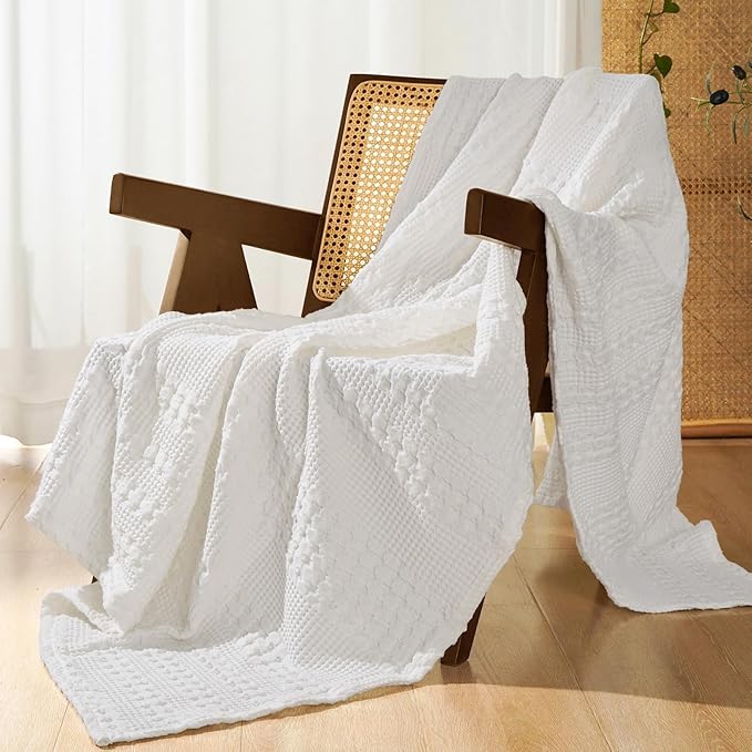 PHF 100% Cotton Waffle Throw Blanket for Couch, Lightweight Breathable and Soft for Summer, Luxury Aesthetic Waffle Weave Blanket for Home Decor & Office, Gifts for Women, 50"x60", White