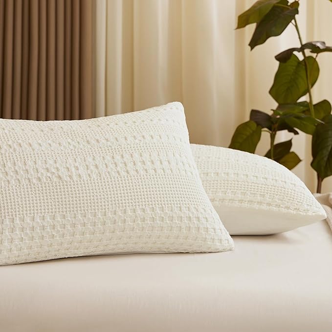 PHF 100% Cotton Waffle Pillow Shams California King Size, 2 Pack 20" x 40" Soft Skin-Friendly Pillowcases, No Filling, Aesthetic Woven and Breathable Waffle Weave Pillow Case Covers for Bed, Ivory