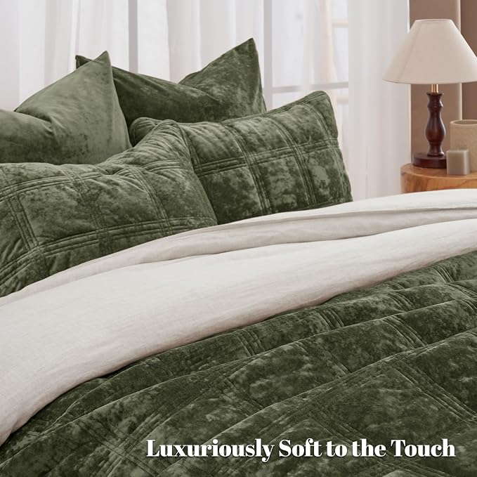 PHF Ultra Soft Velvet Quilt Set Queen Size – 3PCS Luxurious Cozy Quilted Comforter Alternative with Diamond Pattern, Warm Quilted Bedspread Coverlet, 90" x 92", Smokey Olive