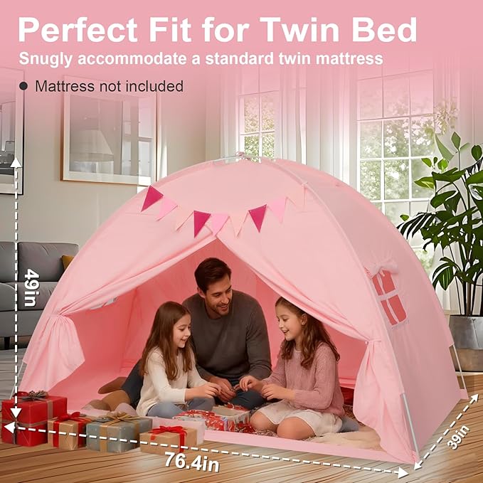 Twin Bed Tent Canopy, Indoor Blackout Privacy Toddler Bed Tent for Kids with Light, Portable Sleeping Floor Kids Playhouse (Pink, Twin Size)