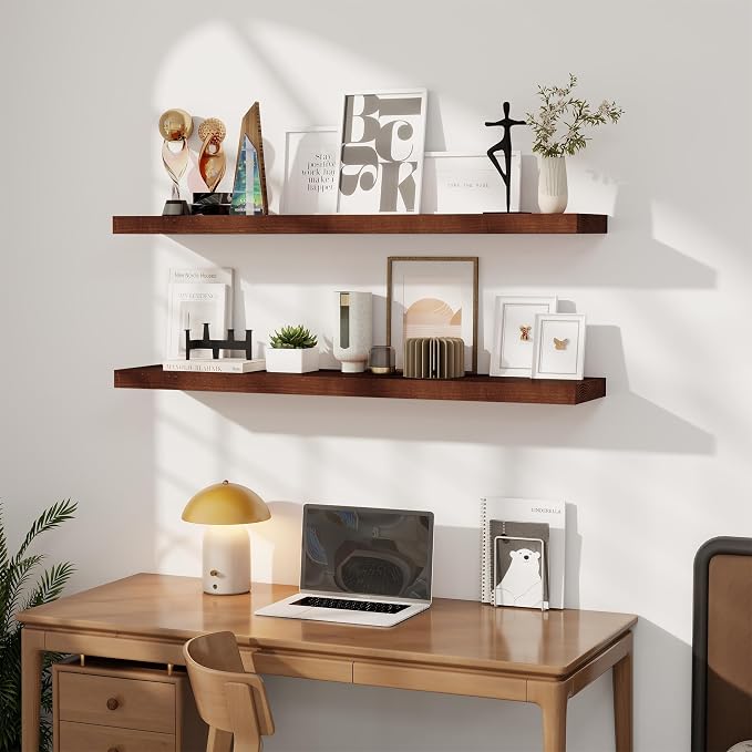 RICHFOCUS Floating Shelves for Wall 48 Inch Solid USA-Sourced Oak Wooden Shelves for Bathroom Kitchen 9" Deep Modern Wood Shelf with Heavy-Duty Bracket for Wall Mounted, Walnut Finish