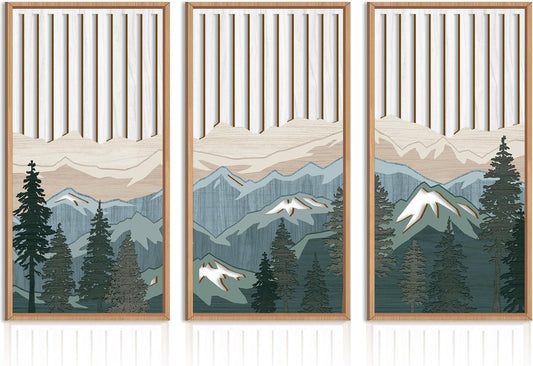 IARTTOP Large Mountain Wood Wall Art Framed Decor Set Of 3, Modern Mountain Landscape Wall Art Nature Artwork Wall Decor For Bedroom, Living room, Office-16 x32