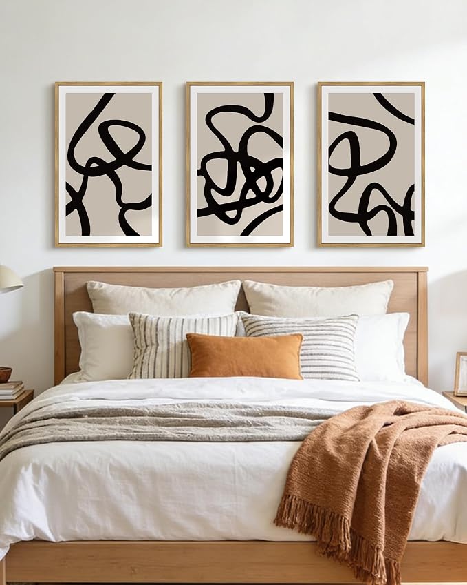 PHOPAGO Black and Gray Abstract Framed Wall Art Large 16x24in Decor Ink Wash Dark Brush Stroke Prints Shapes Illustrations Modern Art Decorative Ready To Hang - Natural Framed