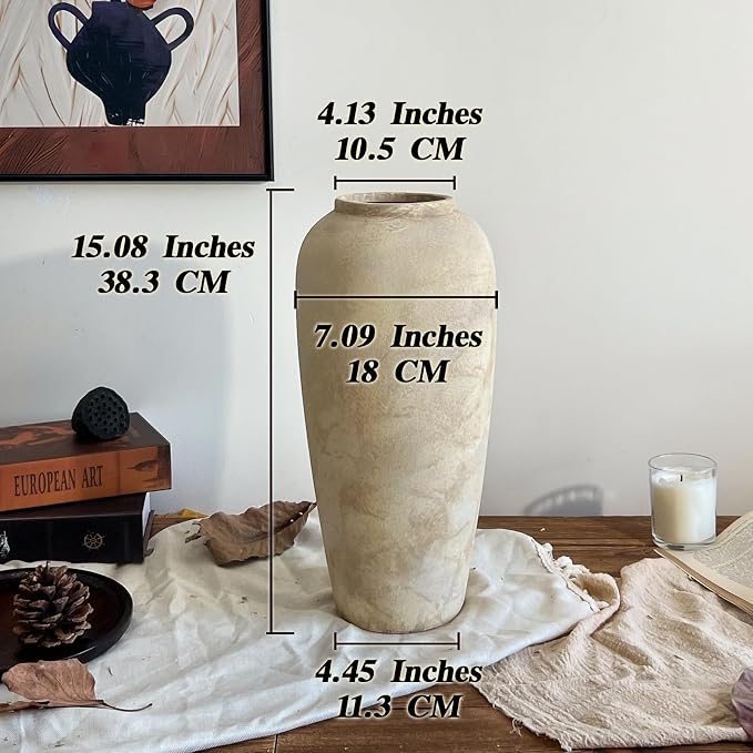 15 Inch Farmhouse Decor Ceramic Rustic Vase,Beige Handmade Flower Vases for Centerpieces,Pottery Vase for Living Room,Kitchen & Bedroom Decor,Vintage Ceramic Vases for Wedding