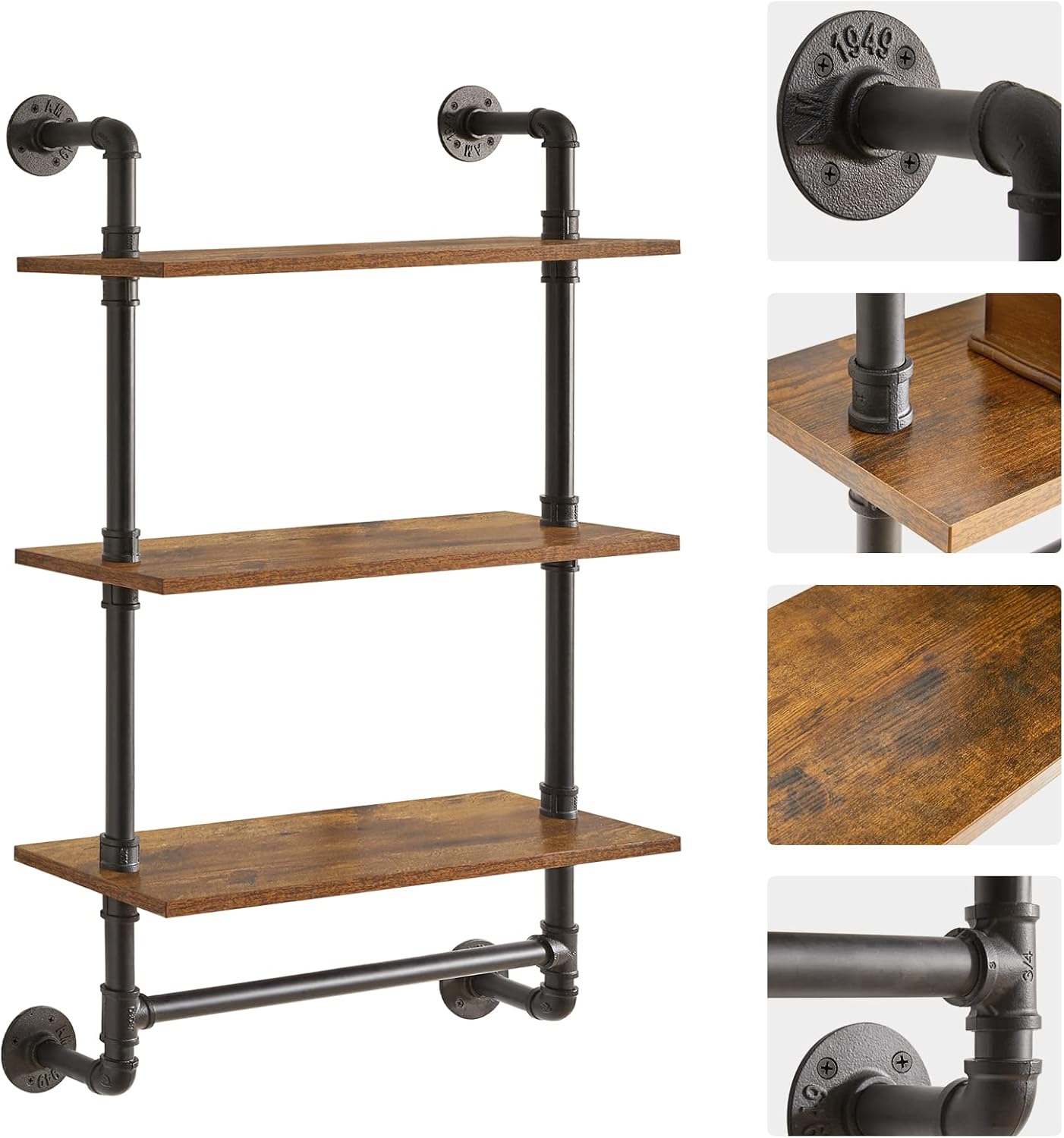 IBUYKE Industrial Pipe Shelf,40.5 inches Wall Mount Bookcase,3-Tier Wall Shelf with Towel Bar,Rustic Iron Pipe Floating Shelvesfor Bedroom,Kitchen,Living Room,Bathroom URF-TM015