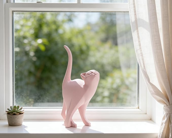 Pink Cat Statue Modern Abstract, Home Office Shelf Decor, 7-Inch Vibrant Assorted Colors, Easy to Match Any Decor Style