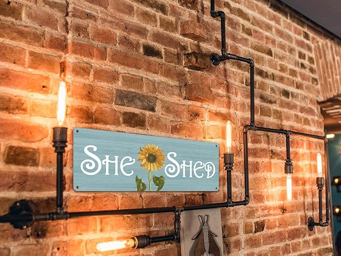She Shed Decor, Farmhouse Sunflowers Wall Sign for Home Kitchen, Garden, Women Cave, Gift for Girlfriend, Ladies, Tin Metal Signs 16x6