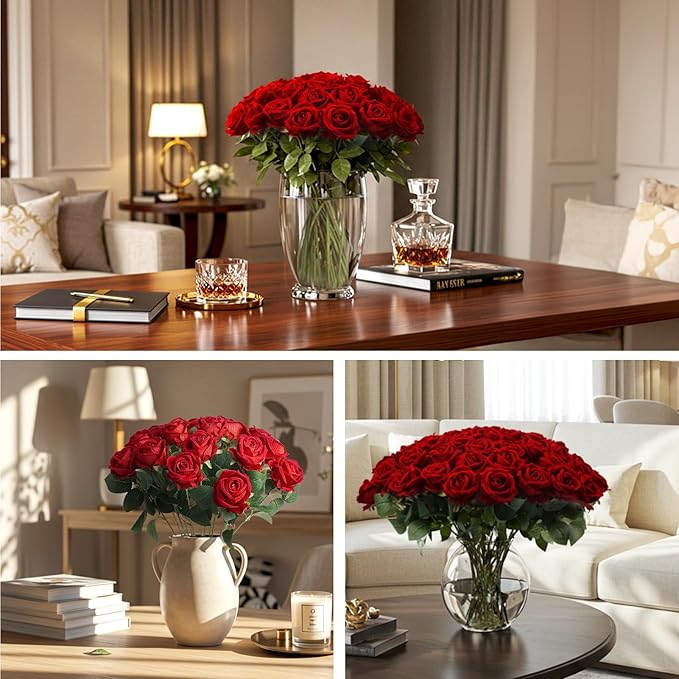 60Pcs Red Roses Artificial Flowers, Velvet Silk Faux Roses, Realistic Red Flowers for Mother's Day, Wedding Centerpieces, Cake, Bridal Bouquets, Home Decor, Anniversary, Valentine's Day Decorations