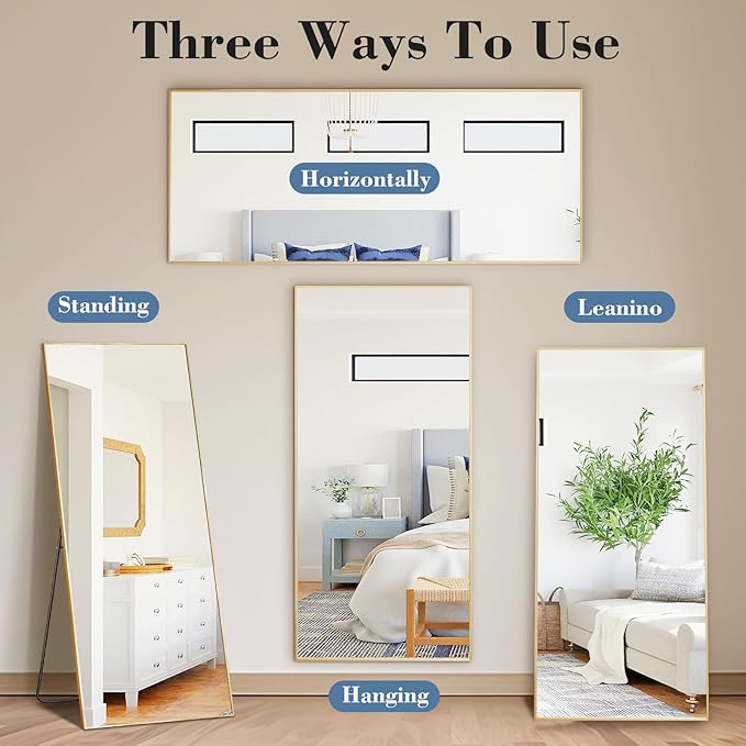 DUMOS 21"x56" Full Length Mirror with Stand, Floor Standing Aluminum Frame, Shatter-Proof Nano Glass for Bedroom, Living Room, Cloakroom – Modern Simple Home Decor,Can Be Hanging or Leaning, Gold