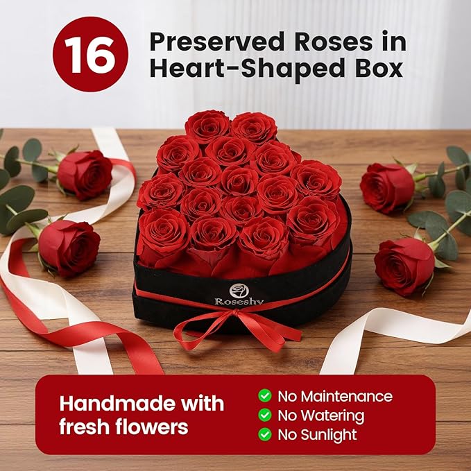 Valentines Day Flowers Roses Gifts for Her,16pcs Red Forever Preserved Roses in Heart Shape Gift Box,Valentines Day Delivery Prime Gifts-Roses Gifts for Women,Mom.