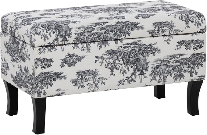 Linon Stephanie Black and White Toile Fully Upholstered Bench with Hidden Interior Storage