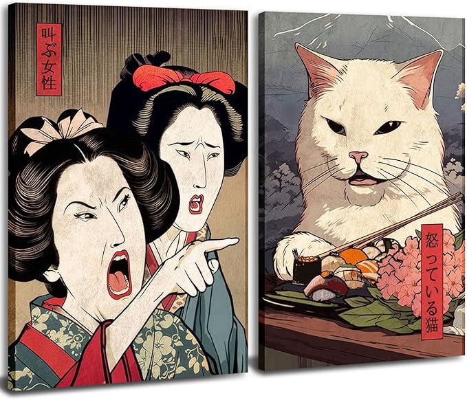 Funny Anime Posters Japanese Decor Set of 2 - Woman Yelling at Cat Canvas Wall Art, Vintage Anime Cat Wall Decor for Living Room, Corridor, Kitchen Home Decor - 16x24 in Framed