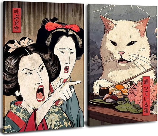 Funny Anime Posters Japanese Decor Set of 2 - Woman Yelling at Cat Canvas Wall Art, Vintage Anime Cat Wall Decor for Living Room, Corridor, Kitchen Home Decor - 16x24 in Framed