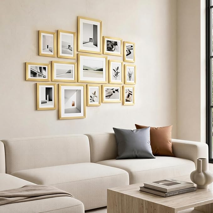 Fixwal Picture Frames Set, Gallery Wall Frame Set Picture Frames Collage 15 Pack for Wall or Tabletop with 8x10 5x7 4x6 Frames, Gold