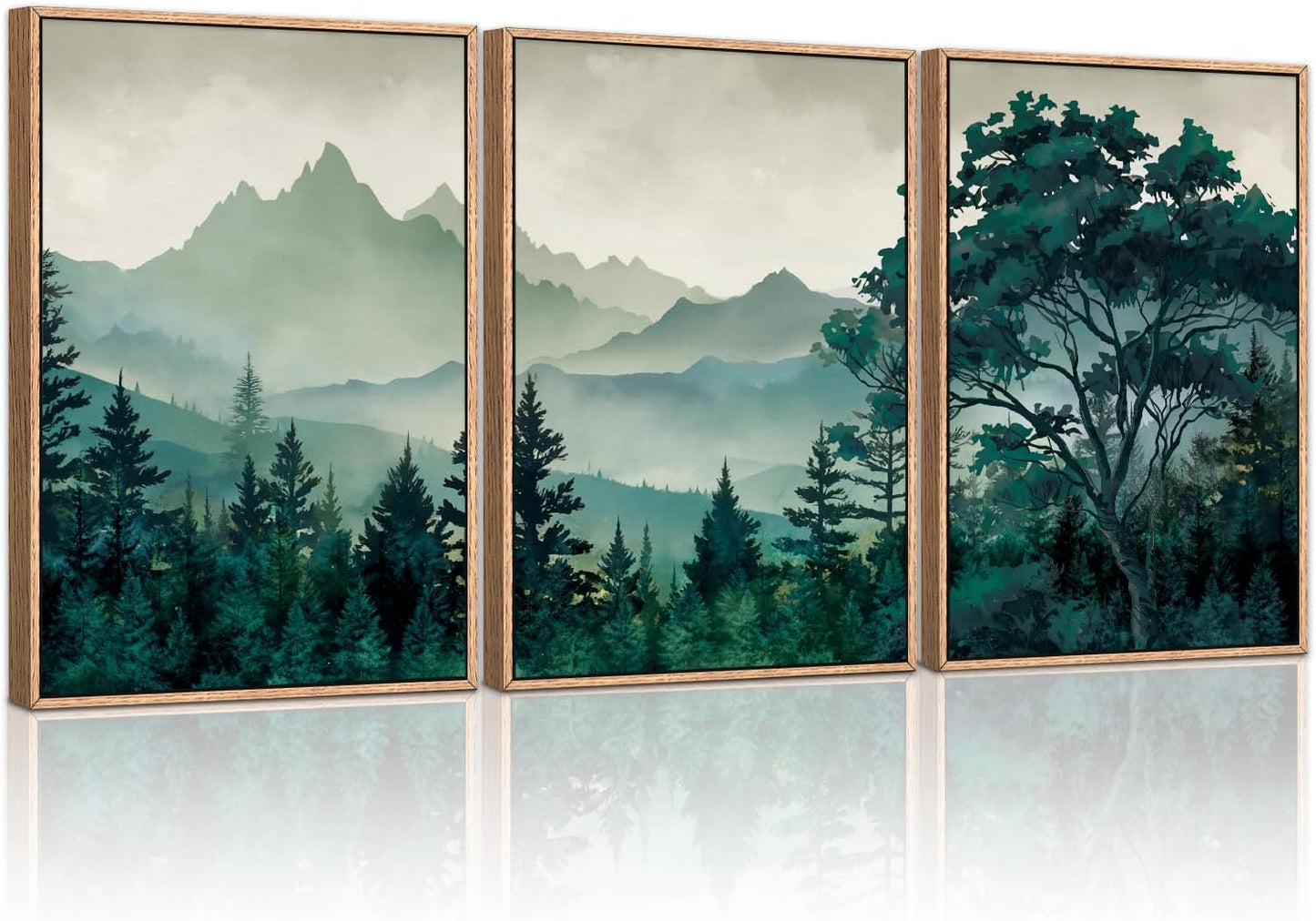 HLNIUC Green Foggy Forest Framed Canvas Wall Art Set,Watercolor Boho Pine Tree Wall Decor,Modern Misty Mountain Scenery Art Print,Nature Landscape Wall Painting for Living Room,Bedroom - 16”x24”x3