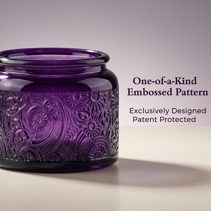 4 oz Purple Sun Moon Stars Candle Jars with Bamboo Lids, 18 Pack | Patented Embossed Design, Includes Wick Centering Devices & Warning Labels, Multiple Color Options