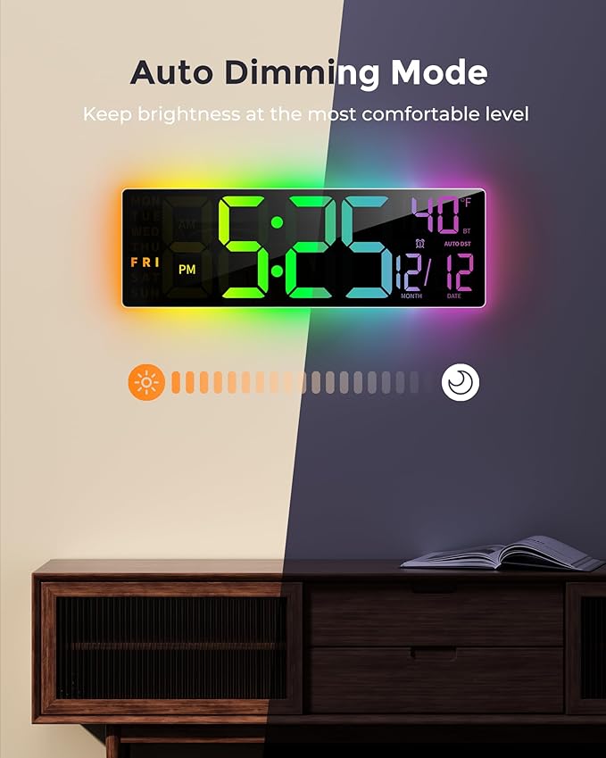 EASYERA 16.5" Large Digital Wall Clock with BT Sync, RGB Lights with 11 Scenes Mode Remote Control, Big LED Clock with Dual Alarms, Auto DST, Temperature for Classroom Gaming