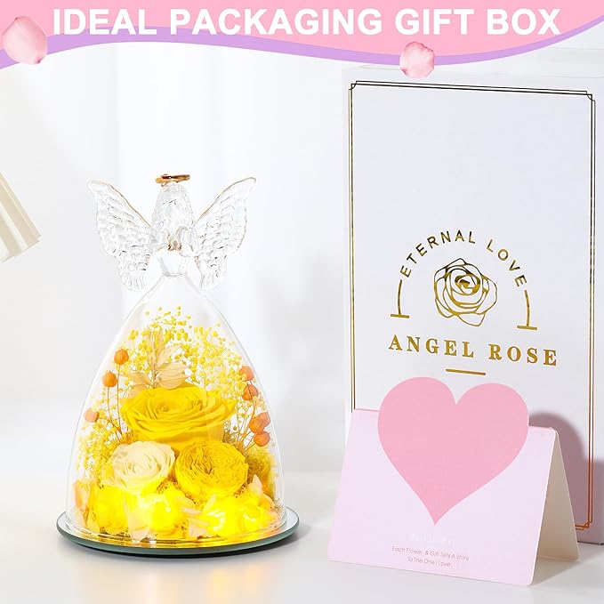 Mothers Day Rose Gifts for Women Preserved Real Flower in Glass Angel Figurines Roses for Delivery Prime Birthday Gifts for Mom Grandma Girlfriend Wife Her,Yellow Austin Roses