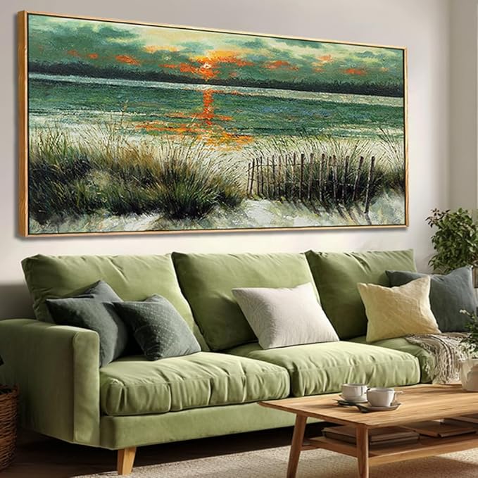 Large Abstract Green Framed Canvas Wall Art,Neutral Sunrise Beach Sea Ocean Pictures,Modern Minimalist Artwork for Living Room,Bedroom,Dining Room,Office-29 x58
