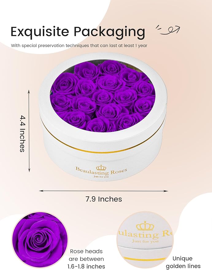 16 Preserved Roses Forever Flowers Real Roses in a Box Mother's Day Birthday Flowers for Her Mom Women Wife Valentine's Day, Purple Roses