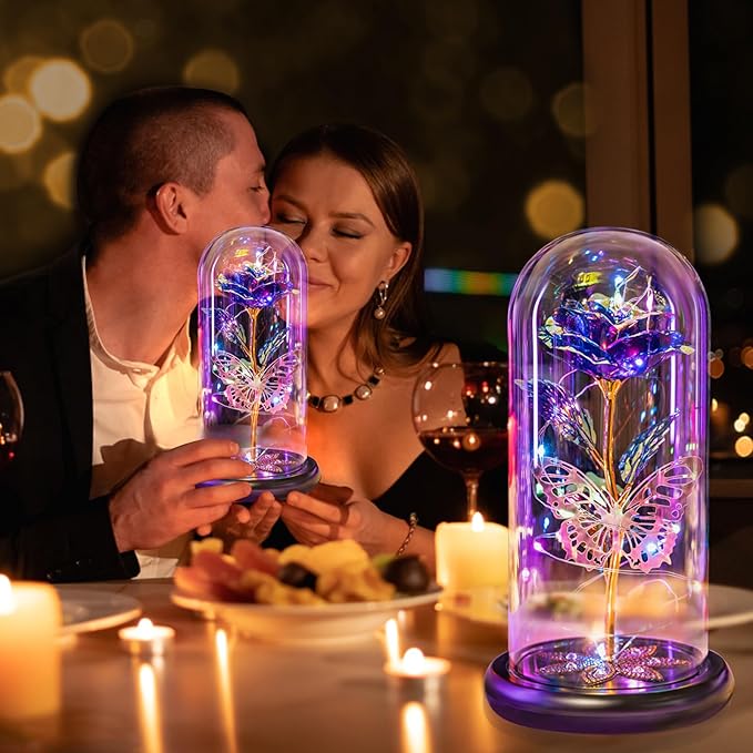 Mothers Day Flowers Gifts for Mom Women Birthday Gift Galaxy Glass Rose Forever Eternal Crystal Flowers Rose in Glass Dome with Butterfly Mother's Day Roses Gifts for Mom Daughter Wife Grandma Purple