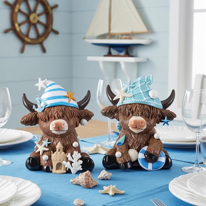 Karenhi 2 Pcs Summer Ocean Highland Cow Figurines, Nautical Resin Cow Decor with Anchor, Starfish, Shell and Coral, Coastal Farmhouse Beach Figurines for Home Table Shelf Decoration