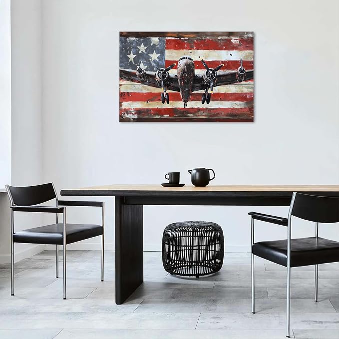 Black and White Plane Wall Art Turbine Fighter Aircraft Pictures Canvas Prints Living Room Vintage Modern Airplane Painting Framed Artwork for Office Home Decorations Rustic USA Flag Posters 24x36
