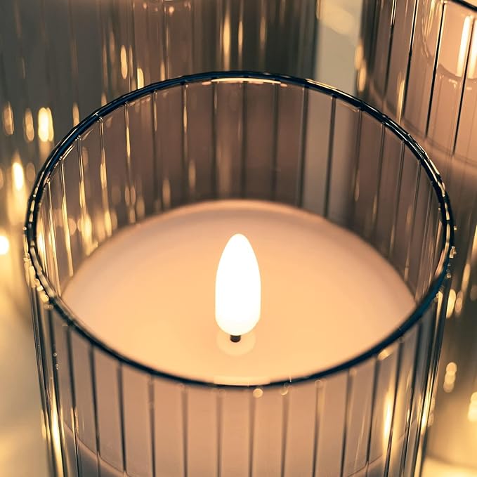 ANGELLOONG Gray Flameless Candles with Remote, Battery Operated LED Pillar Candle Set with Timer, Ribbed Glass Real Wax Flickering Candles for Home Decor, Set of 3