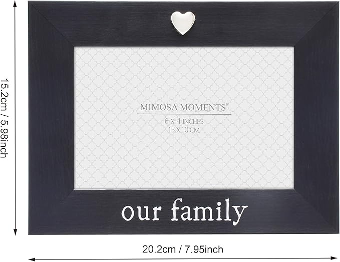 MIMOSA MOMENTS "Our Family Black 4x6 Picture Frame with Silver Heart Ornament, Tabletop Display, Family Photo Frame for Home Decor, Gift for Housewarming, Christmas, Home Keepsake