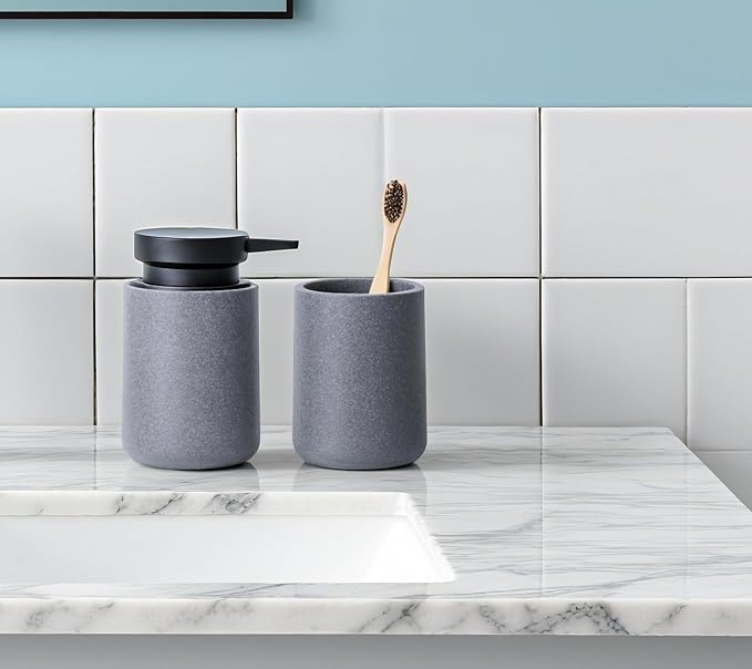 Clasin Home 3 Pcs Bathroom Accessories Set, Liquid Soap Dispenser with Large Pump, Toothbrush Holder Cup and Soap Dish, Sandstone Texture Bathroom Counter Set for Modern Home (Gray)