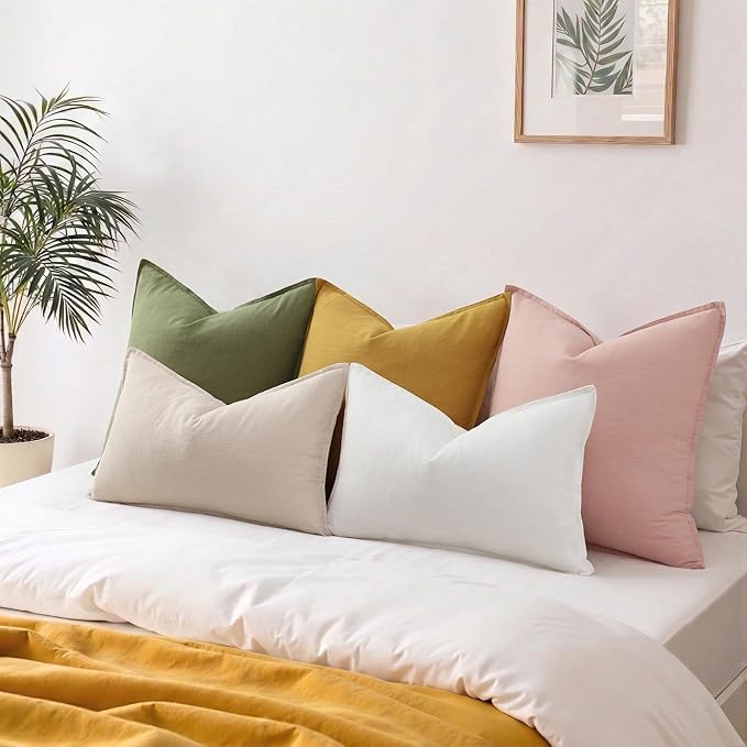 decorUhome Summer Decorative Linen Throw Pillow Covers 12x20 Inch Set of 2 Natural Beige Lumbar Pillow Covers with Flange Edges Soft Farmhouse Boho Accent Pillow Cases for Couch Bed Living Room
