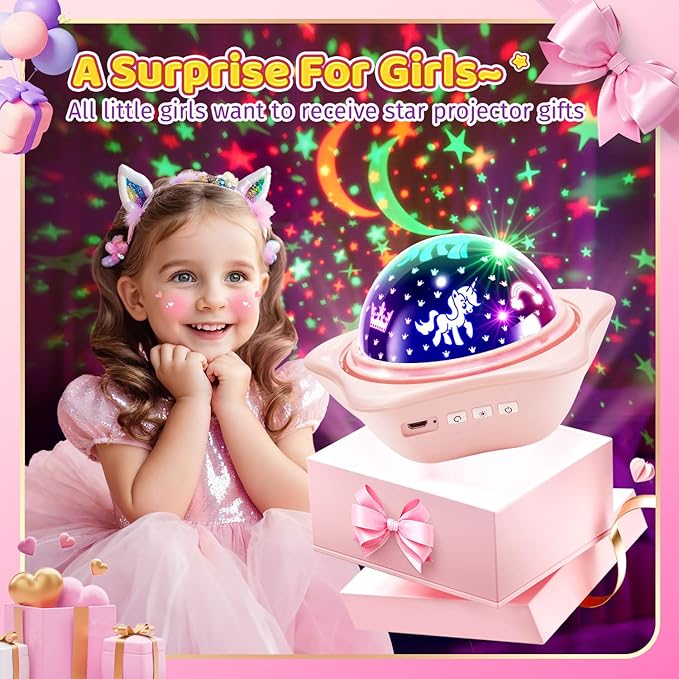 PIKOY Night Light for Kids, 90 Modes+6 Films+Dimmer+Timer+Remote Kids Night Light Projector, Rechargeable Built-in Battery+360° Silent Rotation Butterfly/Princess/Mermaid Room Decor,Girl Toys/Gifts